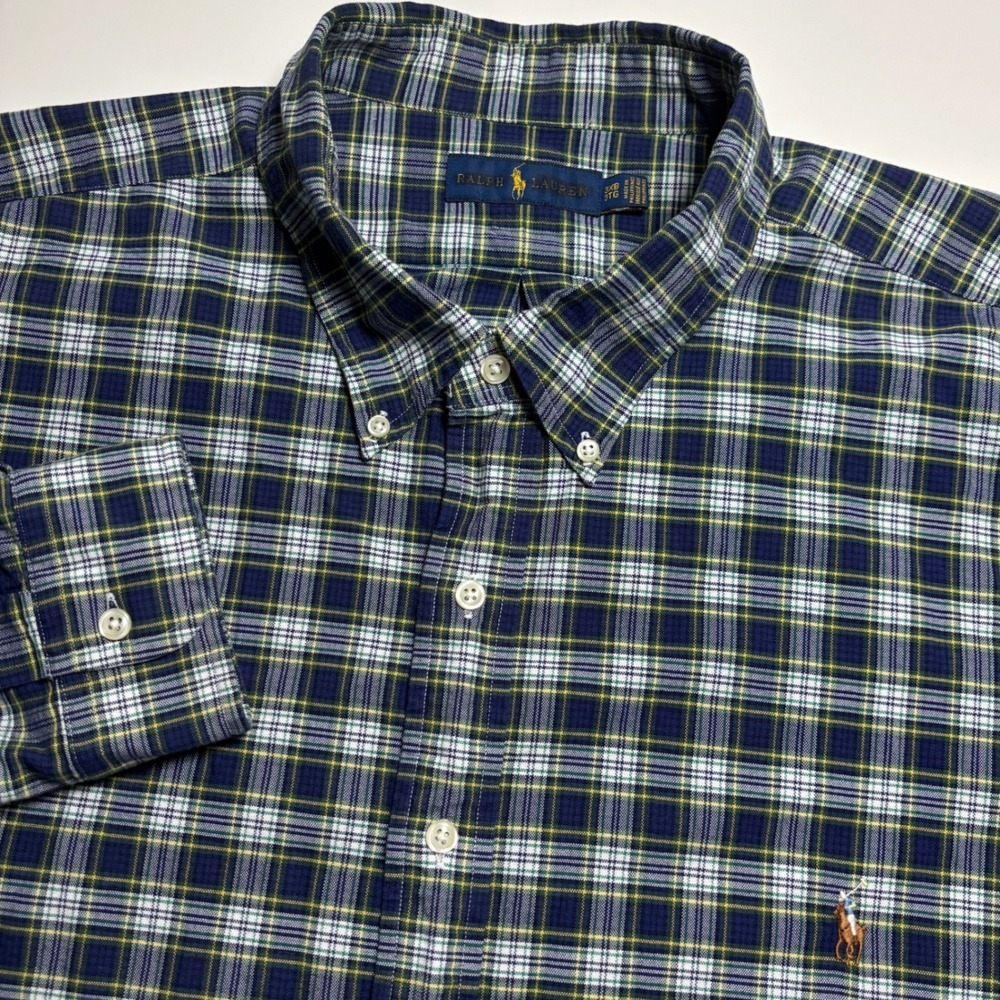 Ralph Lauren Plaid Oxford Men 3XLB Navy White Long Sleeve Button Down Big Shirt